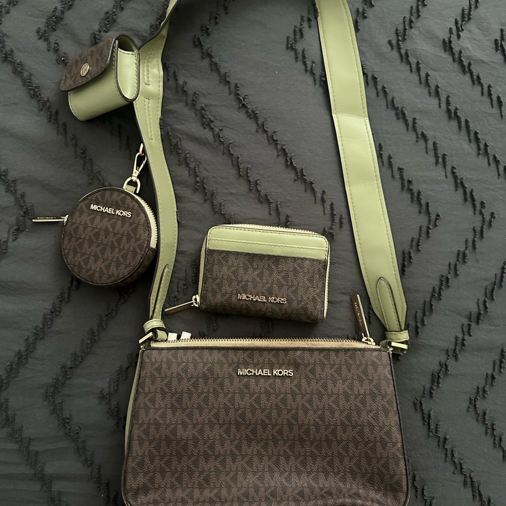 Michael Kors Green and Brown Crossbody Bag Set